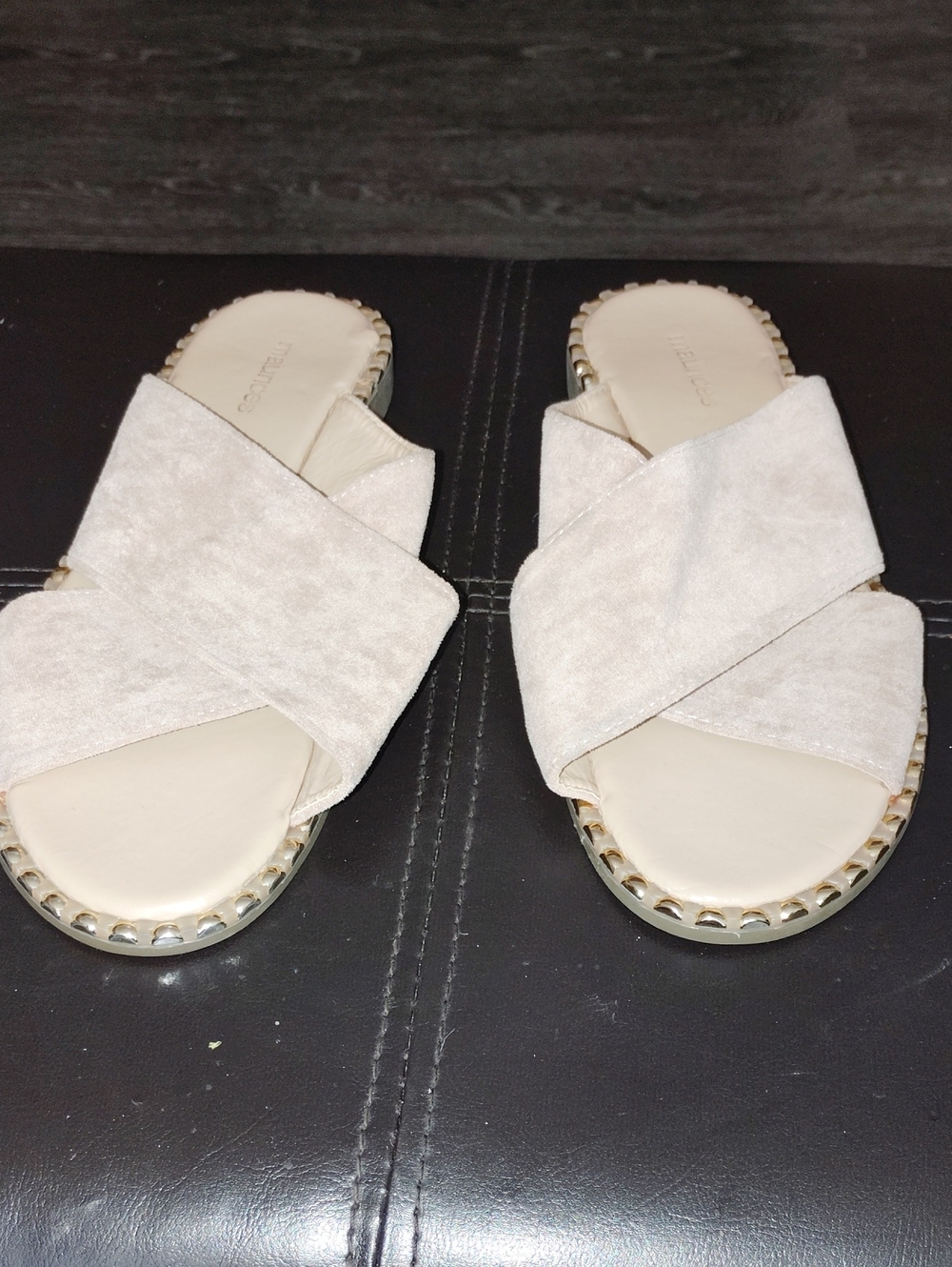 Maurices Cream Crisscross Slide Sandals with Studded Trim